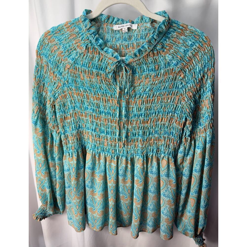 Rose+Olive Smocked Peplum Blouse‎ Women Small Teal Paisley Boho